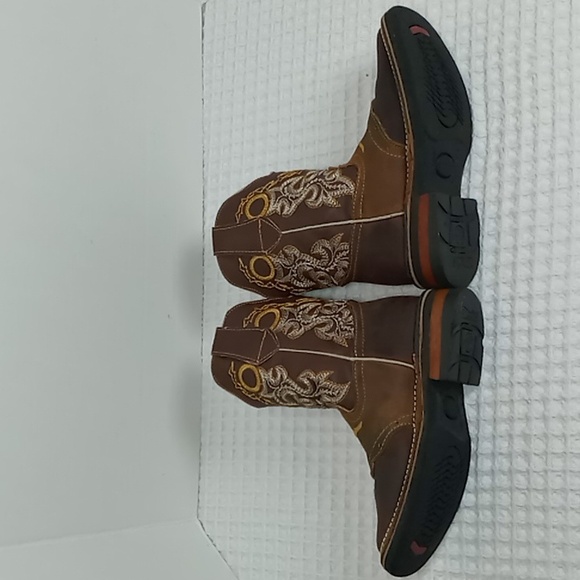 MauryUnisex Kids Square Toe Leather Cowboy Boots Longhorn Stitch Size 18.5 Brown - Picture 4 of 12